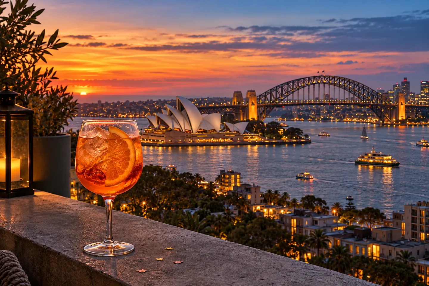 Sydney Harbour, the Opera House and Harbour Bridge at sunset