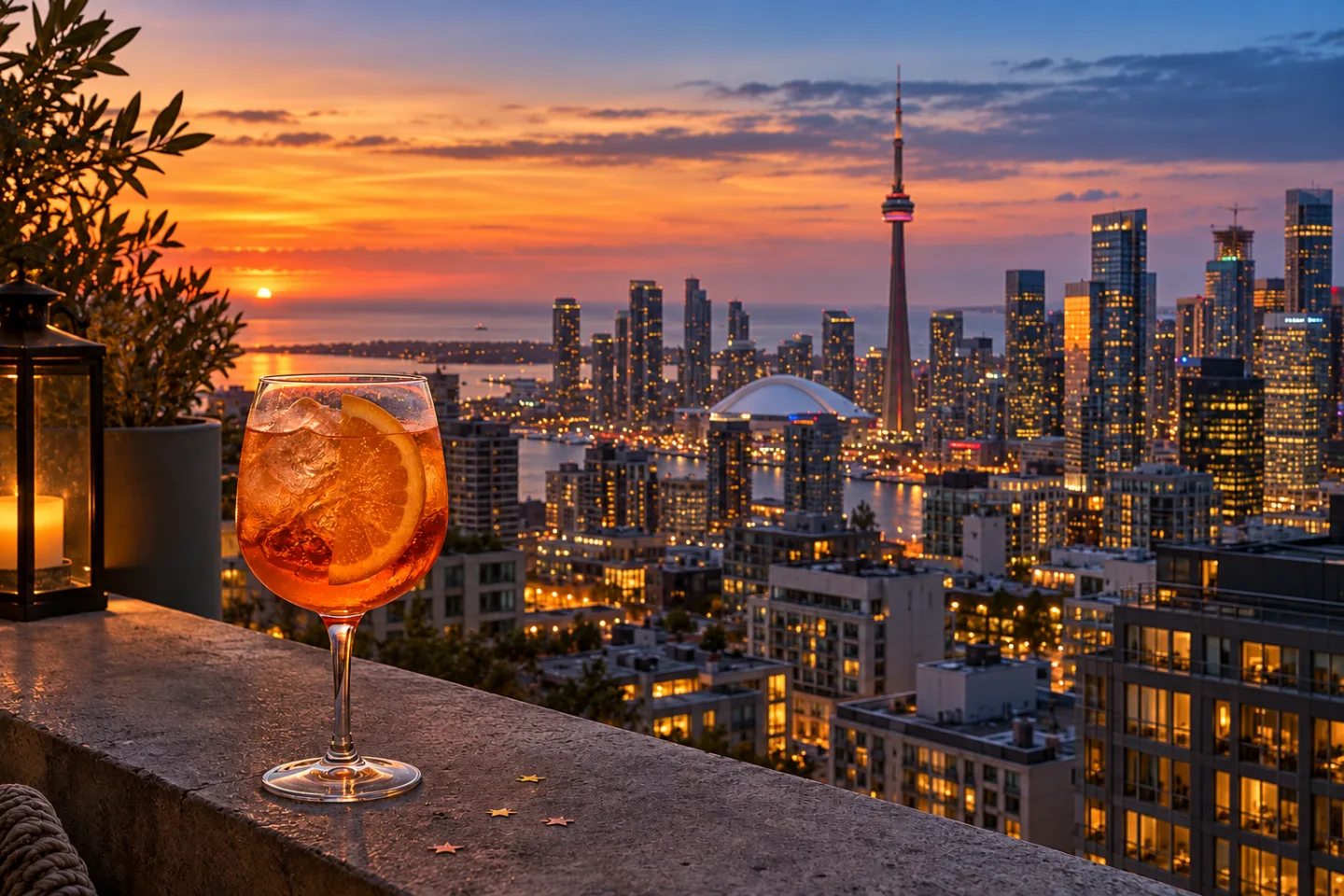 Toronto skyline and CN Tower at sunset