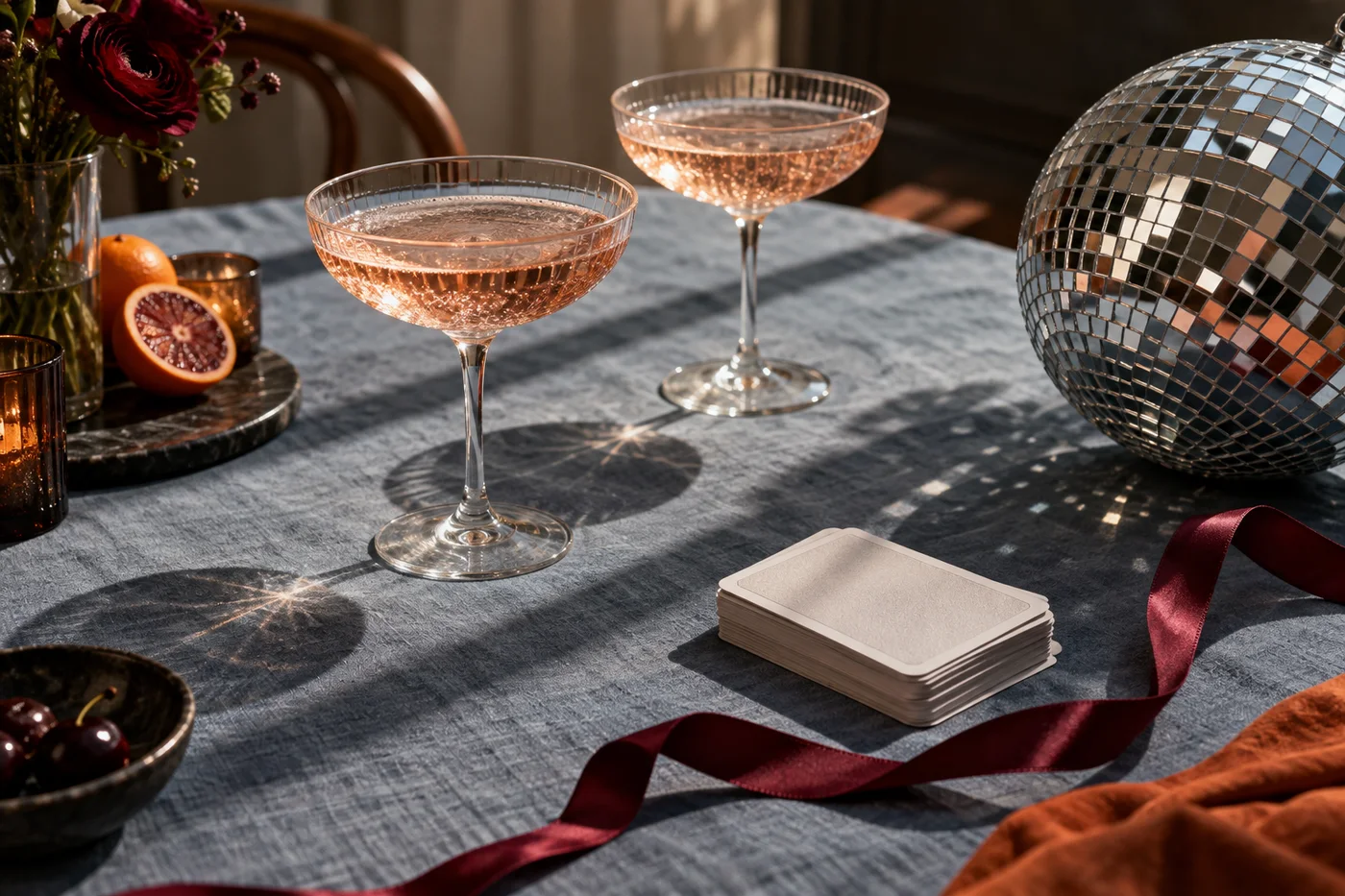Celebration cards and glasses on a table