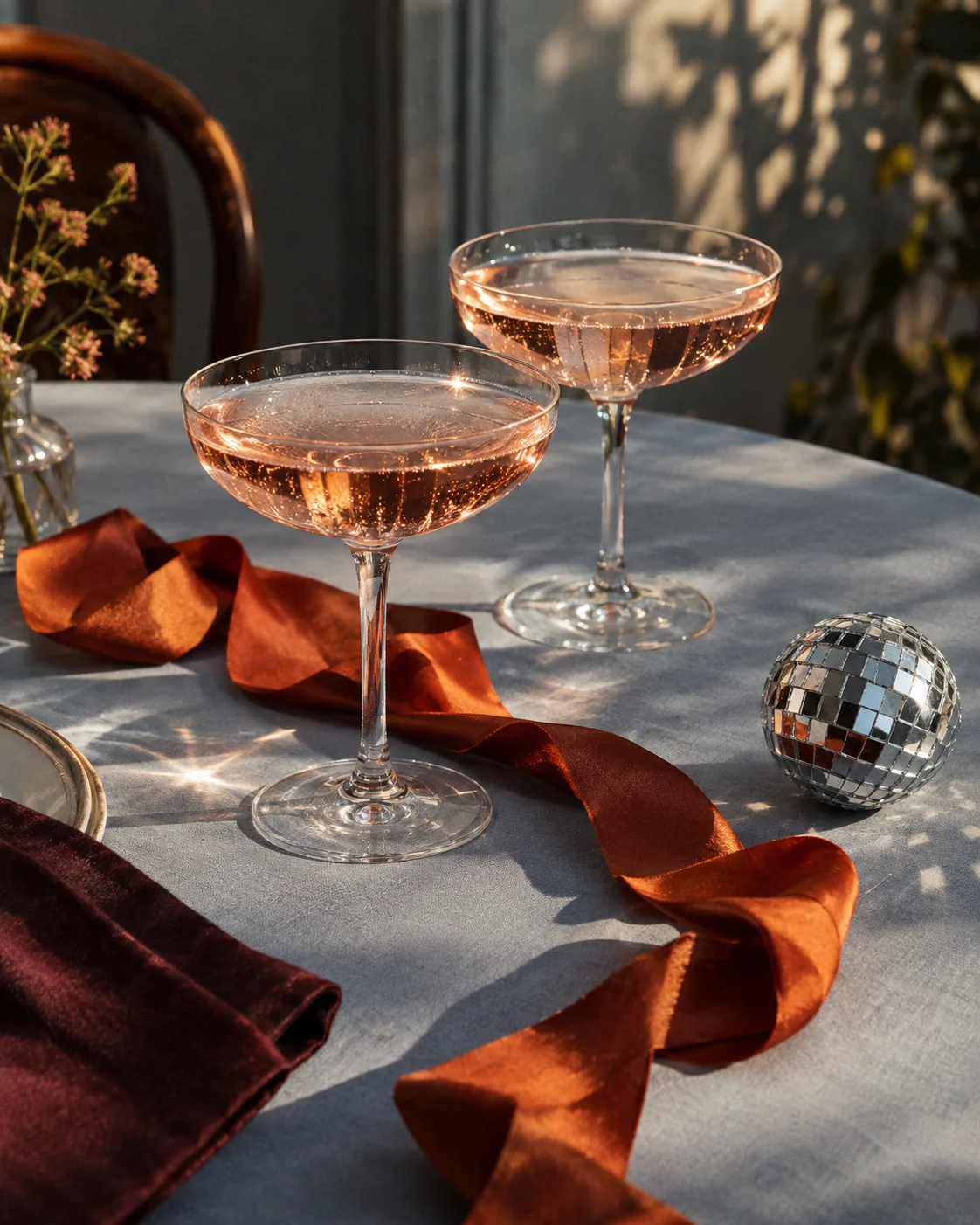 Rosa Cocktails, ein orangefarbenes Seidenband und eine silberne Discokugel, bereit zum Feiern